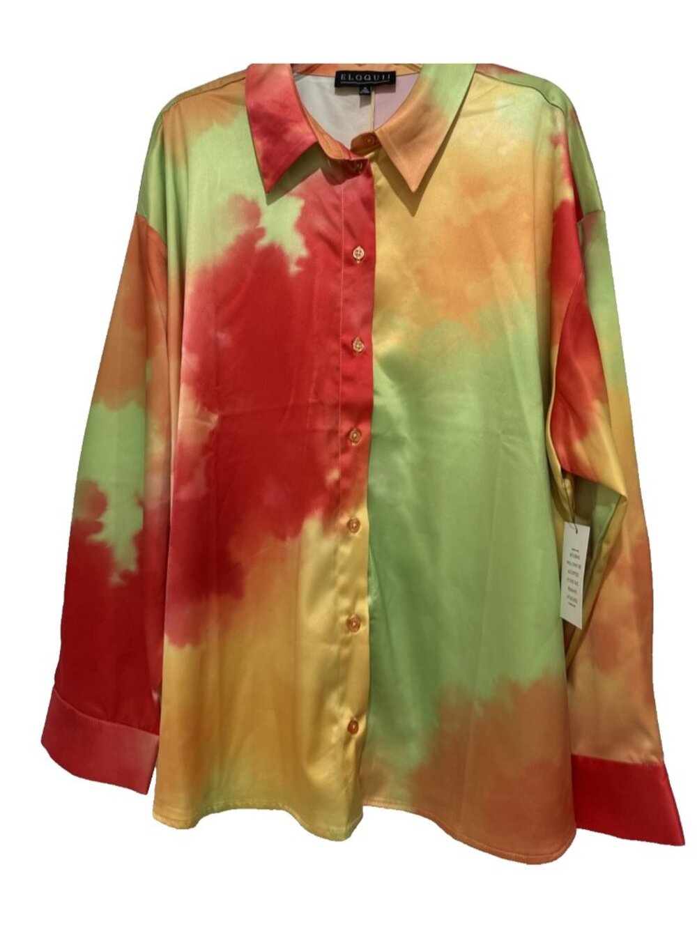 Eloquii Dip Dyed Orange Green Yellow Satin Button Blouse Top Womens Size 18